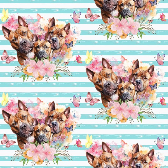 1m Coupon  Baumwolle Canvas Pittbull Braun Hunde Blumen Streifen Türkis  153 g/m² Meterware 160 cm Eigenproduktion Kinder
