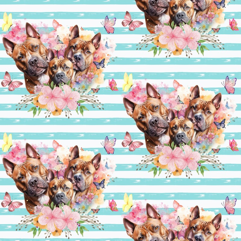 1m Coupon  Baumwolle Canvas Pittbull Braun Hunde Blumen Streifen Türkis  153 g/m² Meterware 160 cm Eigenproduktion Kinder