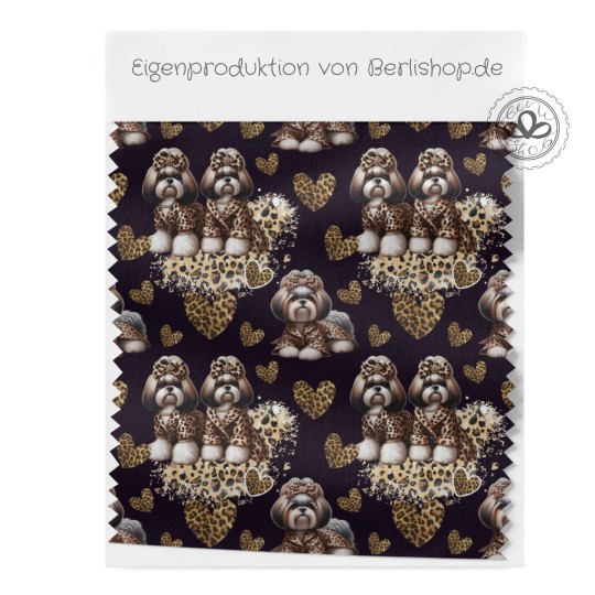 French Terry Sommersweat  Hunde Stoff –Shih Tzu Leoprint  Herzen Schwarz/Braun –240 g/m –145cm Meterware