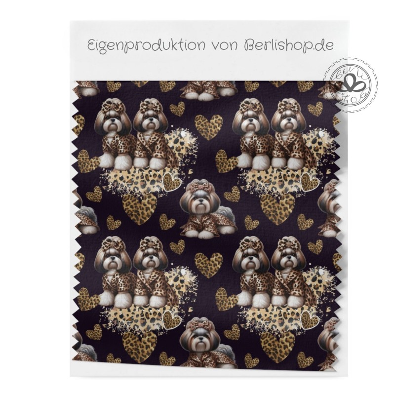French Terry Sommersweat  Hunde Stoff –Shih Tzu Leoprint  Herzen Schwarz/Braun –240 g/m –145cm Meterware