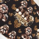 French Terry Sommersweat  Hunde Stoff –Shih Tzu Leoprint  Herzen Schwarz/Braun –240 g/m –145cm Meterware