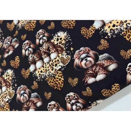 Oxford wasserfester Stoff Hunde–Shih Tzu Leoprint  Herzen Schwarz/Braun –210 g/m –150cm Meterware