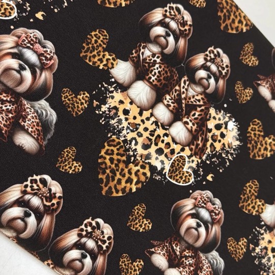 Oxford wasserfester Stoff Hunde–Shih Tzu Leoprint  Herzen Schwarz/Braun –210 g/m –150cm Meterware