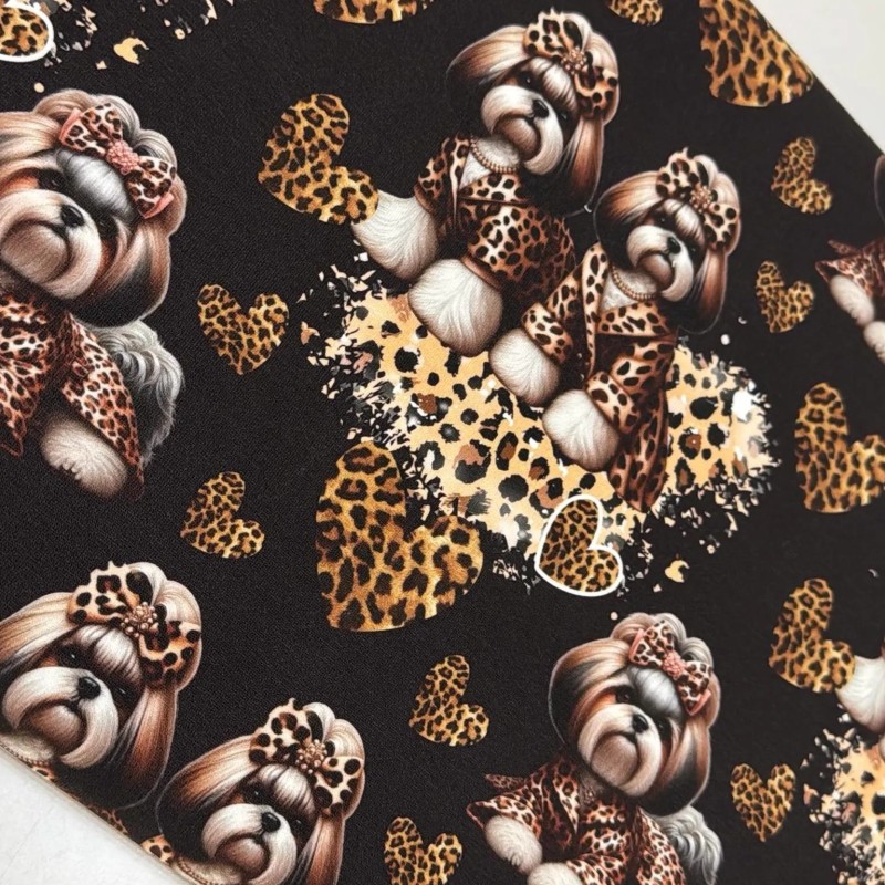 Oxford wasserfester Stoff Hunde–Shih Tzu Leoprint  Herzen Schwarz/Braun –210 g/m –150cm Meterware