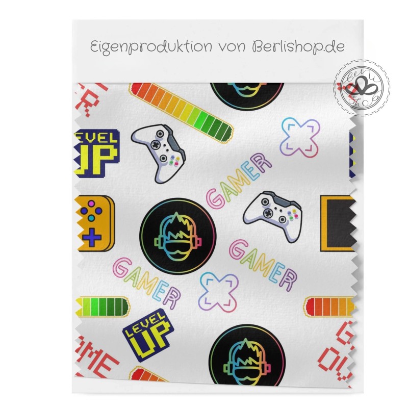 1m Coupon  Baumwolle Canvas Gamer Controller Level Up Neon Weiß Stoff 153 g/m² Meterware 160 cm Eigenproduktion Kinder