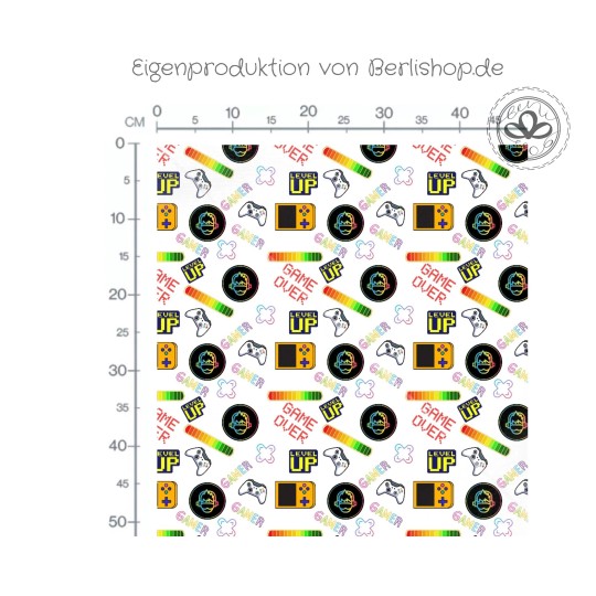 1m Coupon  Baumwolle Canvas Gamer Controller Level Up Neon Stoff 153 g/m² Meterware 160 cm Eigenproduktion Kinder