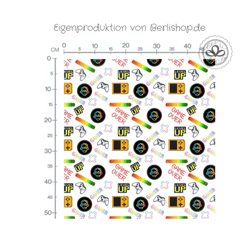 1m Coupon  Baumwolle Canvas Gamer Controller Level Up Neon Stoff 153 g/m² Meterware 160 cm Eigenproduktion Kinder