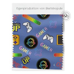 1m Coupon  Baumwolle Canvas Gamer Level Up Blau Stoff 153 g/m² Meterware 160 cm Eigenproduktion Kinder