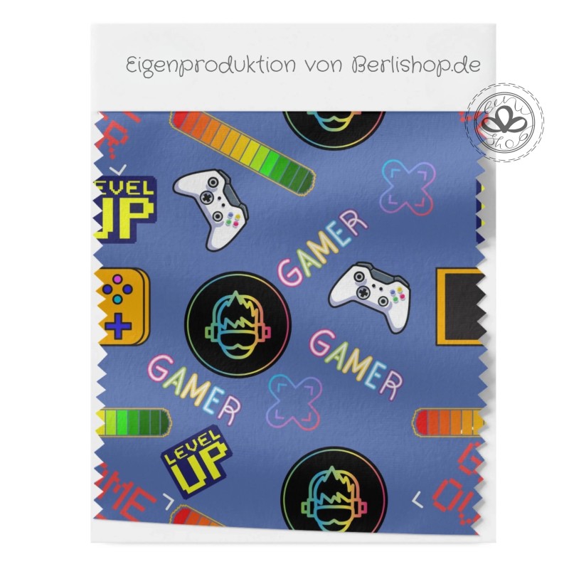 1m Coupon  Baumwolle Canvas Gamer Level Up Blau Stoff 153 g/m² Meterware 160 cm Eigenproduktion Kinder