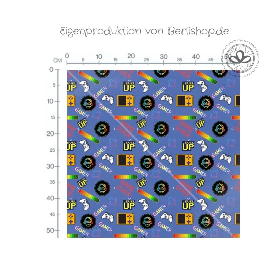 1m Coupon  Baumwolle Canvas Gamer Level Up Blau Stoff 153 g/m² Meterware 160 cm Eigenproduktion Kinder