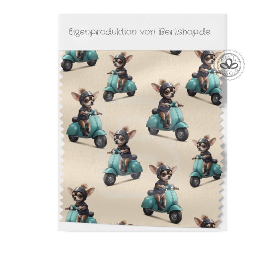 Pre-Order Chihuahua Hunde Stoff auf Roller Beige Petrol – Stoffdesign von Berlishop – 10 Stoffe zur Auswahl – Meterware