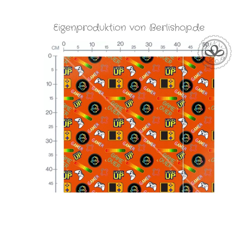 1m Coupon  Baumwolle Canvas Gamer Level Up Orange Stoff 153 g/m² Meterware 160 cm Eigenproduktion Kinder