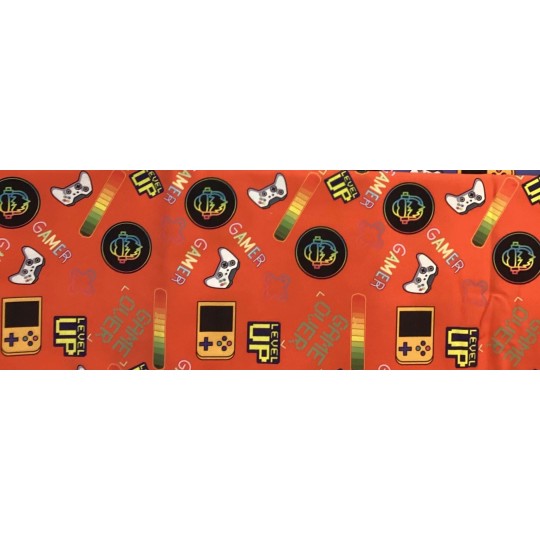 1m Coupon  Baumwolle Canvas Gamer Level Up Orange Stoff 153 g/m² Meterware 160 cm Eigenproduktion Kinder