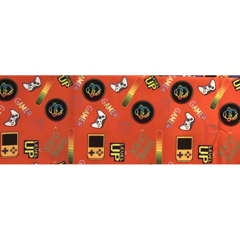 1m Coupon  Baumwolle Canvas Gamer Level Up Orange Stoff 153 g/m² Meterware 160 cm Eigenproduktion Kinder