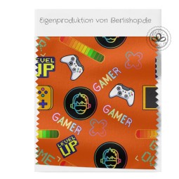 1m Coupon  Baumwolle Canvas Gamer Level Up Orange Stoff 153 g/m² Meterware 160 cm Eigenproduktion Kinder