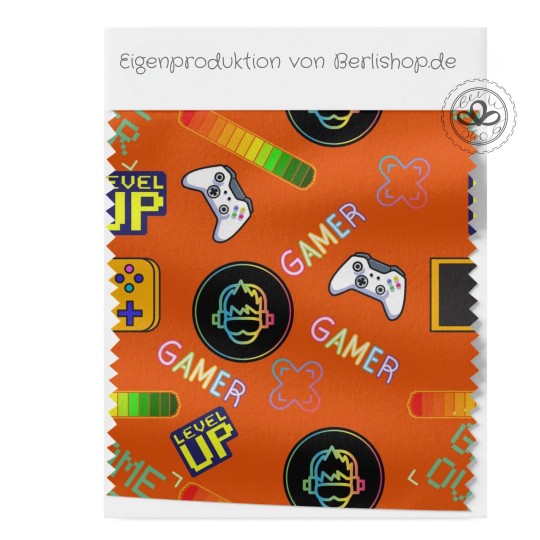 1m Coupon  Baumwolle Canvas Gamer Level Up Orange Stoff 153 g/m² Meterware 160 cm Eigenproduktion Kinder