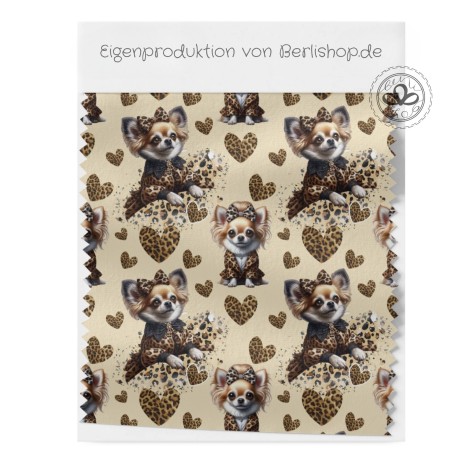 French Terry Sommersweat  Hunde Stoff – Chihuahua mit Schleife Leoprint  Herzen Beige/Braun –240 g/m² –145cm Meterware
