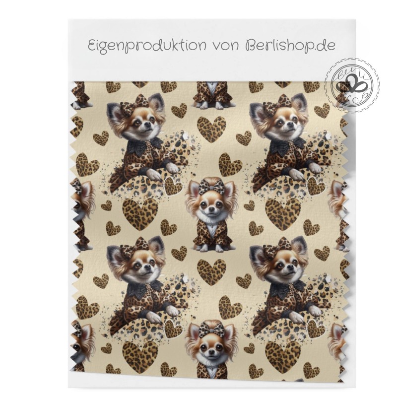French Terry Sommersweat  Hunde Stoff – Chihuahua mit Schleife Leoprint  Herzen Beige/Braun –240 g/m² –145cm Meterware