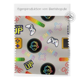 1m Coupon  Baumwolle Gamer Level Up Beige Stof 153 g/m² Meterware 160 cm Eigenproduktion Kinder