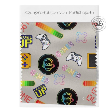 1m Coupon  Baumwolle Gamer Level Up Beige Stof 153 g/m² Meterware 160 cm Eigenproduktion Kinder