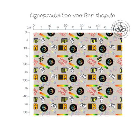 1m Coupon  Baumwolle Gamer Level Up Beige Stof 153 g/m² Meterware 160 cm Eigenproduktion Kinder