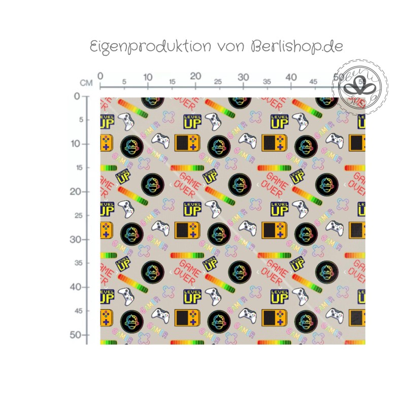 1m Coupon  Baumwolle Gamer Level Up Beige Stof 153 g/m² Meterware 160 cm Eigenproduktion Kinder