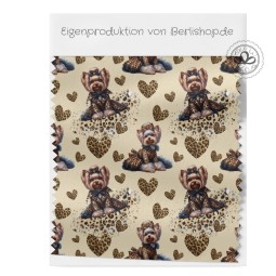 French Terry Sommersweat  Hunde Stoff – Yorkshire Terrier mit Schleife Leoprint  Herzen Beige/Braun –240 g/m² –145cm Meterware