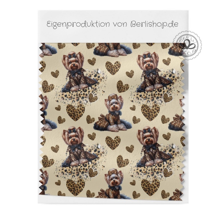 French Terry Sommersweat  Hunde Stoff – Yorkshire Terrier mit Schleife Leoprint  Herzen Beige/Braun –240 g/m² –145cm Meterware