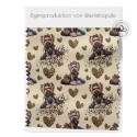 French Terry Sommersweat  Hunde Stoff – Yorkshire Terrier mit Schleife Leoprint  Herzen Beige/Braun –240 g/m² –145cm Meterware