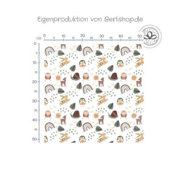 1m Coupon  Baumwolle Canvas Waldtiere Boho Regenbogen Weiß Stoff 153 g/m² Meterware 160 cm Eigenproduktion Kinder