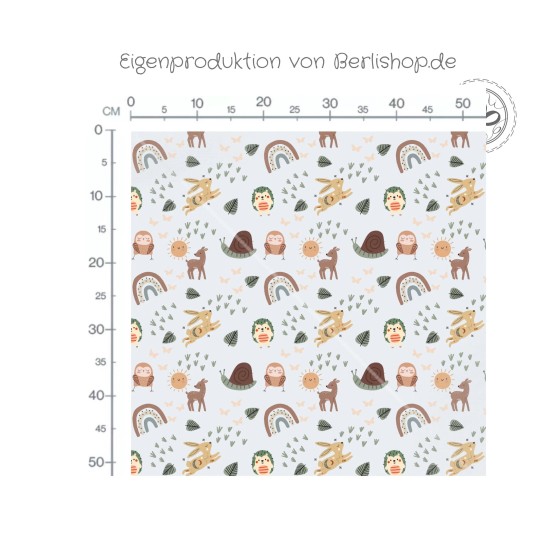 1m Coupon  Baumwolle Canvas Waldtiere Regenbogen Hellgrau Stoff 153 g/m² Meterware 160 cm Eigenproduktion Kinder