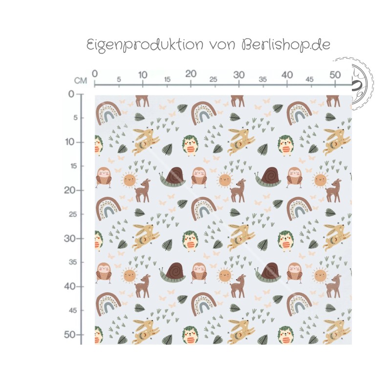 1m Coupon  Baumwolle Canvas Waldtiere Regenbogen Hellgrau Stoff 153 g/m² Meterware 160 cm Eigenproduktion Kinder