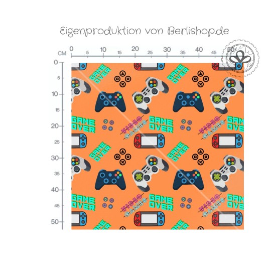 1m Coupon Baumwolle Canvas Game Over Orange Stoff 153 g/m² Meterware 160 cm Eigenproduktion Kinder