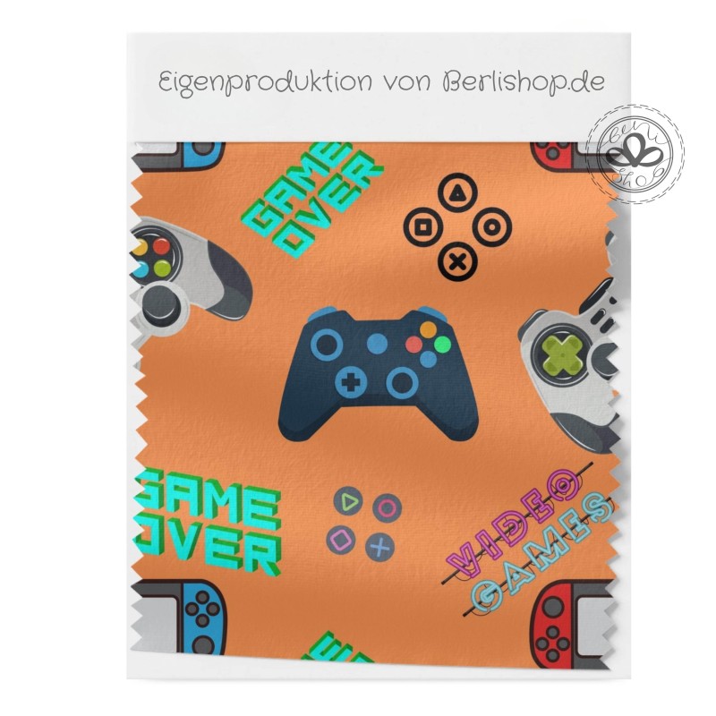 1m Coupon Baumwolle Canvas Game Over Orange Stoff 153 g/m² Meterware 160 cm Eigenproduktion Kinder