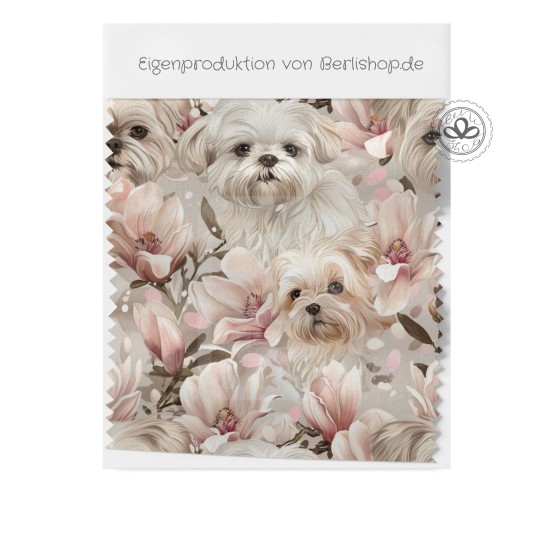 Pre-Order Malteser Hunde Magnolien Beige Rosa – Stoffdesign von Berlishop - 10 Stoffe zu Auswahl – Meterware
