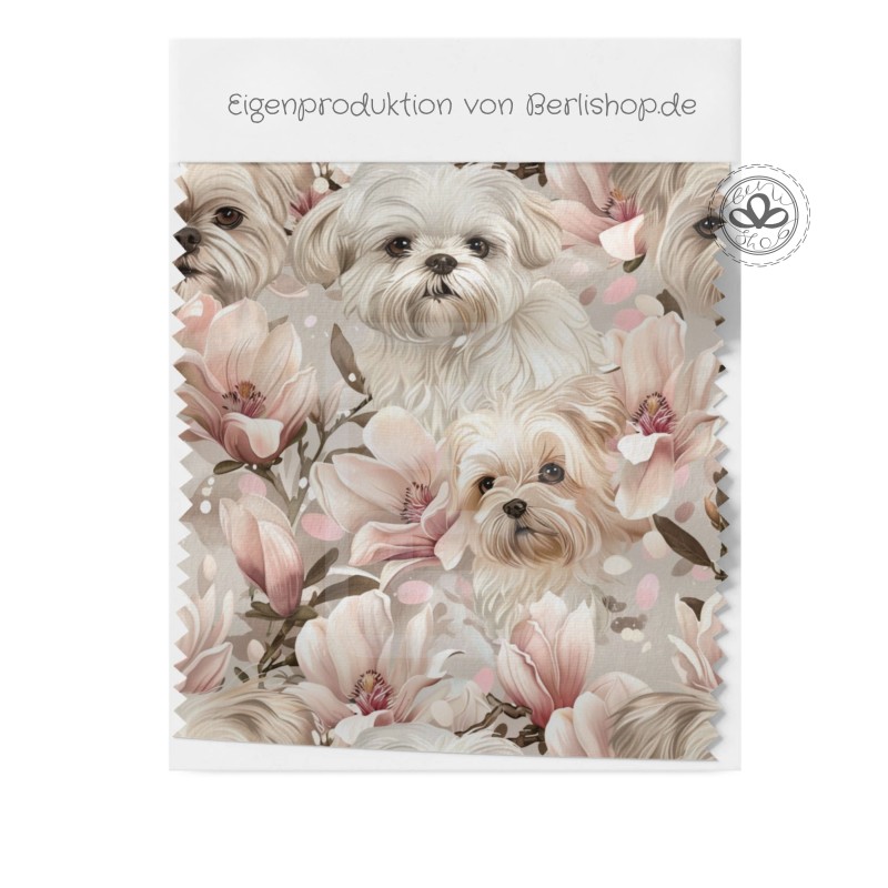 Pre-Order Malteser Hunde Magnolien Beige Rosa – Stoffdesign von Berlishop - 10 Stoffe zu Auswahl – Meterware