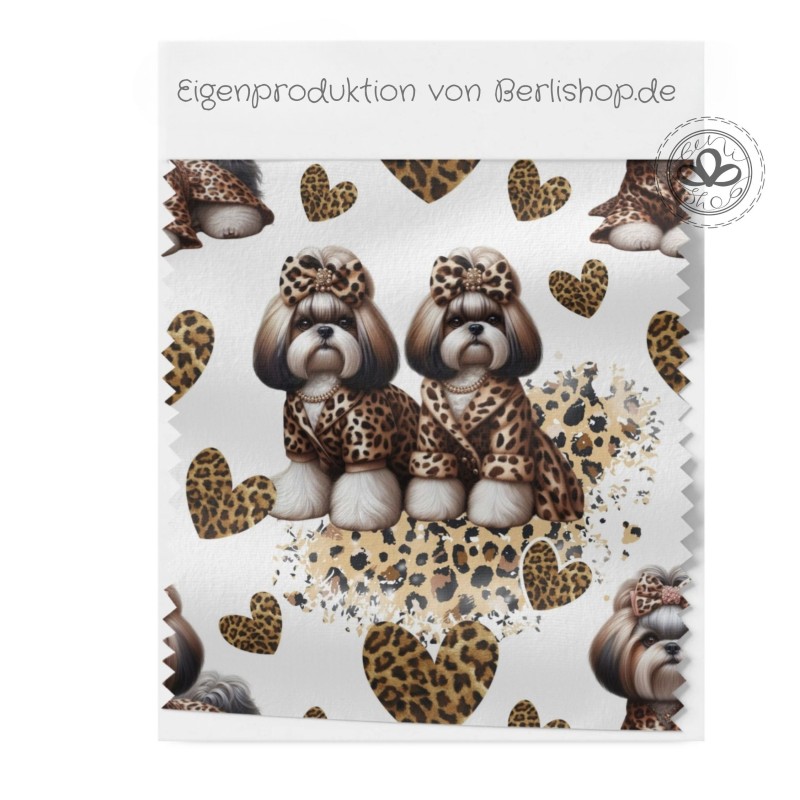 French Terry Sommersweat  Hunde Stoff –Shih Tzu Leoprint  Herzen Weiß/Braun –240 g/m –145cm Meterware