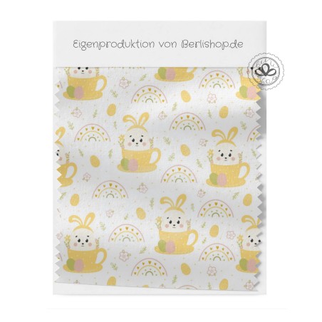 1m Coupon Baumwolle Canvas Hase Tasse Regenbogen Ostern Gelb Stoff 153 g/m² Meterware 160 cm Eigenproduktion Kinder
