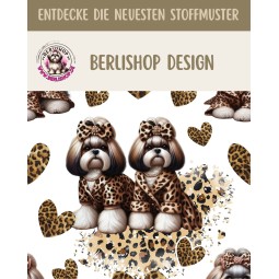 French Terry Sommersweat  Hunde Stoff –Shih Tzu Leoprint  Herzen Weiß/Braun –240 g/m –145cm Meterware