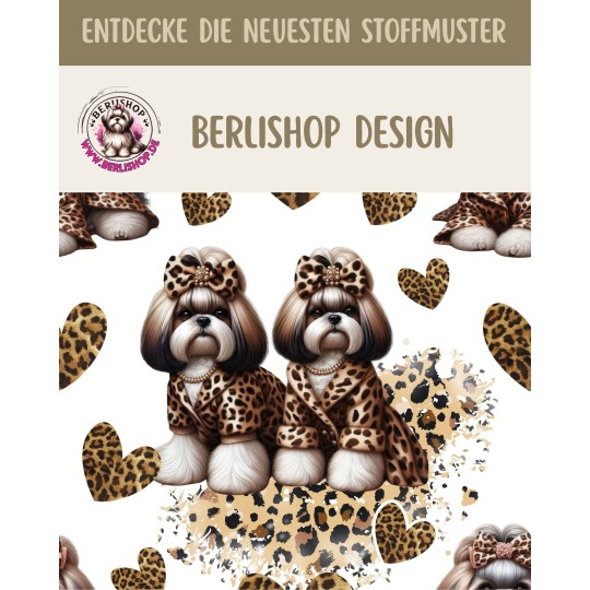 French Terry Sommersweat  Hunde Stoff –Shih Tzu Leoprint  Herzen Weiß/Braun –240 g/m –145cm Meterware
