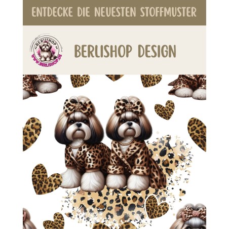French Terry Sommersweat  Hunde Stoff –Shih Tzu Leoprint  Herzen Weiß/Braun –240 g/m –145cm Meterware