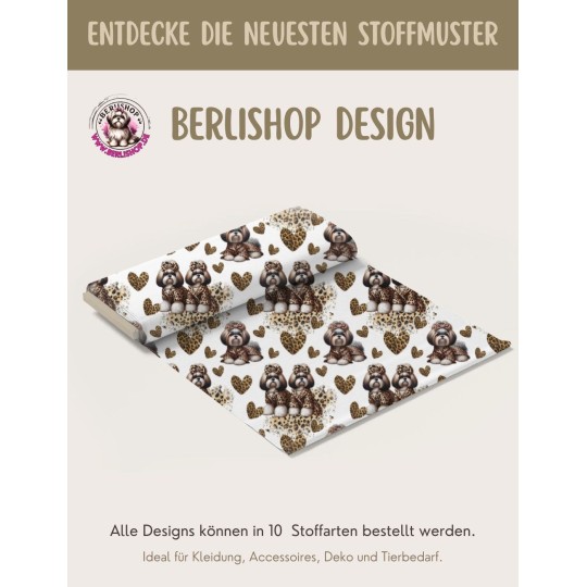 French Terry Sommersweat  Hunde Stoff –Shih Tzu Leoprint  Herzen Weiß/Braun –240 g/m –145cm Meterware