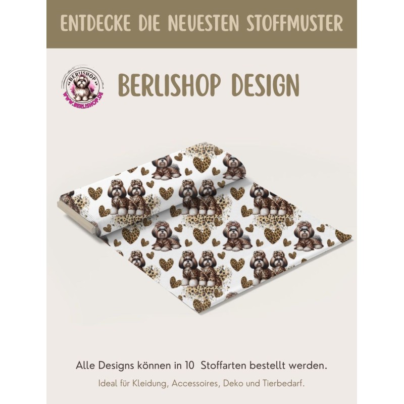 French Terry Sommersweat  Hunde Stoff –Shih Tzu Leoprint  Herzen Weiß/Braun –240 g/m –145cm Meterware