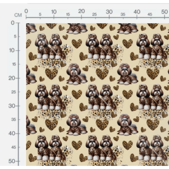 Softshell Hunde Stoff –Shih Tzu Leoprint  Herzen Beige/Braun –320 g/m² - 145 cm Meterware Eigenproduktion