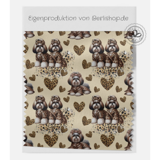 Softshell Hunde Stoff –Shih Tzu Leoprint  Herzen Beige/Braun –320 g/m² - 145 cm Meterware Eigenproduktion