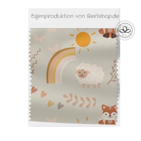 1m Coupon  Baumwolle Canvas Fuchs Schafe Regenbogen Beige Stoff 153 g/m² Meterware 160 cm Eigenproduktion Kinder