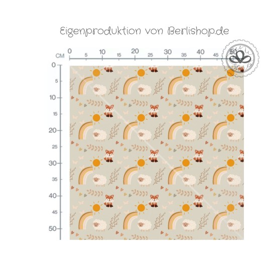 1m Coupon  Baumwolle Canvas Fuchs Schafe Regenbogen Beige Stoff 153 g/m² Meterware 160 cm Eigenproduktion Kinder