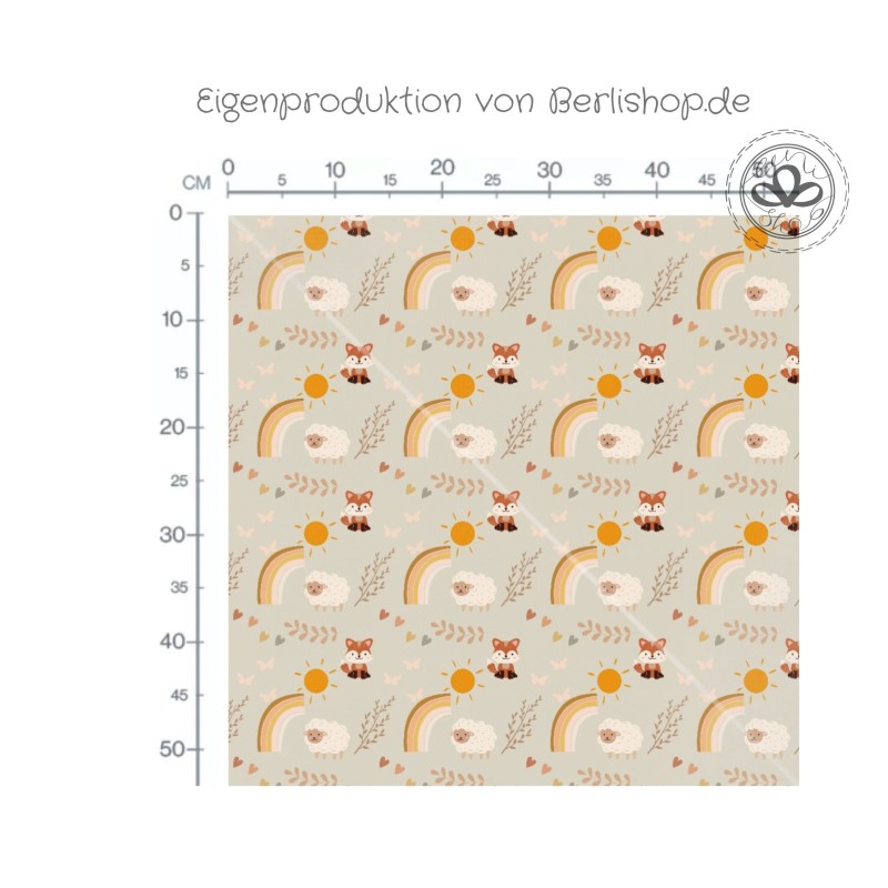 1m Coupon  Baumwolle Canvas Fuchs Schafe Regenbogen Beige Stoff 153 g/m² Meterware 160 cm Eigenproduktion Kinder