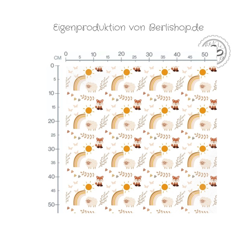 1m Coupon  Baumwolle Canvas Fuchs Schafe Regenbogen Weiß Stoff 153 g/m² Meterware 160 cm Eigenproduktion Kinder