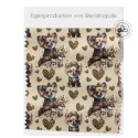 Softshell Hunde Stoff – Chihuahua mit Schleife  Leoprint  Herzen Beige/Braun –320 g/m² - 145 cm Meterware Eigenproduktion